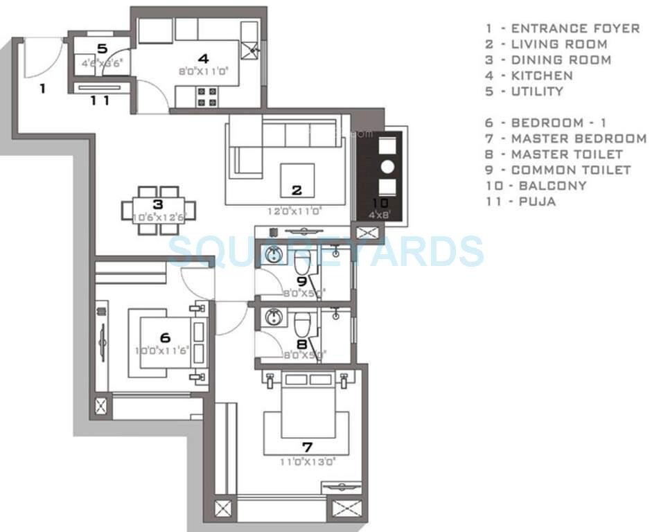 Floor plan of 2 BHK 683 Sq. Ft. Apartment in Hiranandani Tiana, Chennai