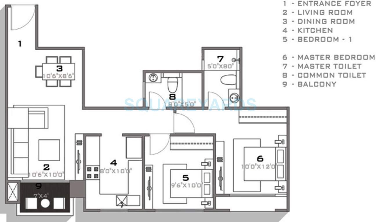 Floor plan of 2 BHK 975 Sq. Ft. Apartment in Hiranandani Tiana, Chennai
