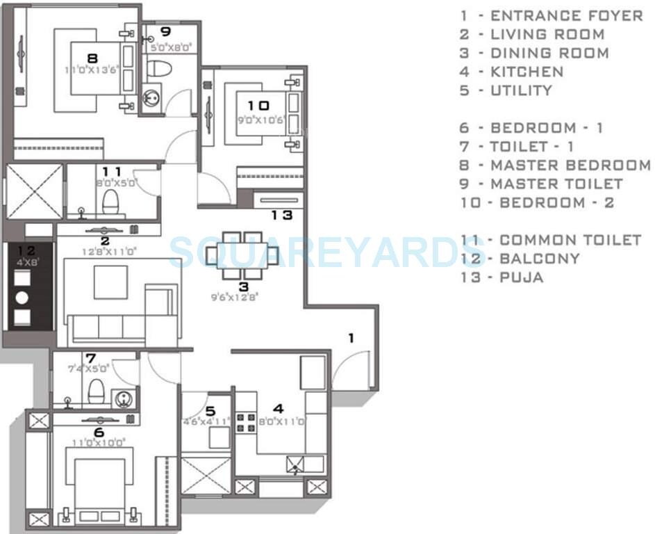 Floor plan of 3 BHK 1435 Sq. Ft. Apartment in Hiranandani Tiana, Chennai
