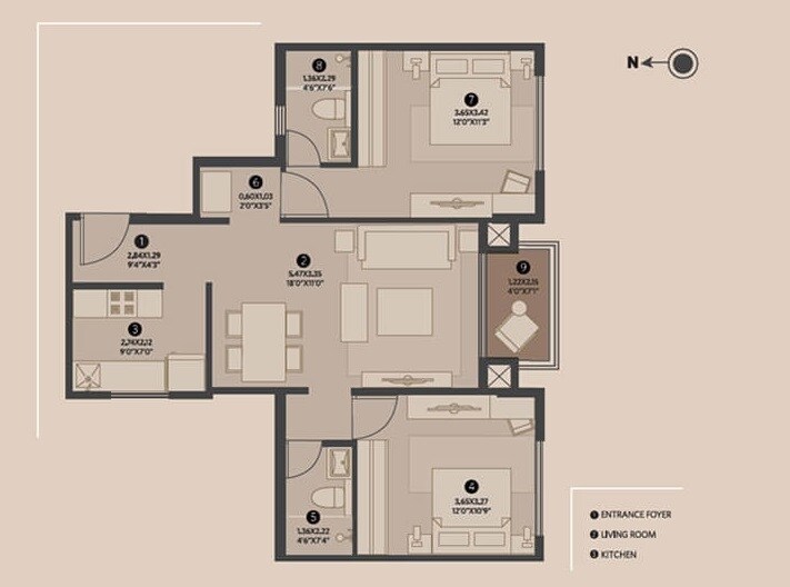 Floor plan of 2 BHK 1025 Sq. Ft. Apartment in Hiranandani Upscale, Chennai