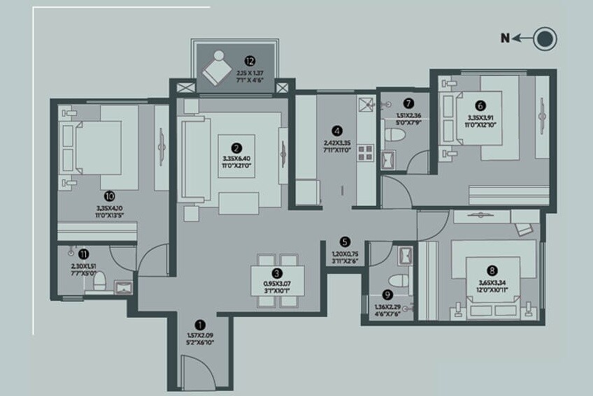 Floor plan of 3 BHK 1258 Sq. Ft. Apartment in Hiranandani Upscale, Chennai