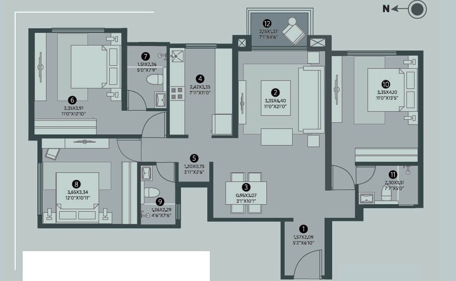 Floor plan of 3 BHK 1556 Sq. Ft. Apartment in Hiranandani Upscale, Chennai