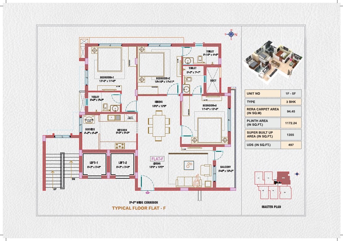 Floor plan of 3 BHK 1355 Sq. Ft. Apartment in Hirani Aura, Chennai