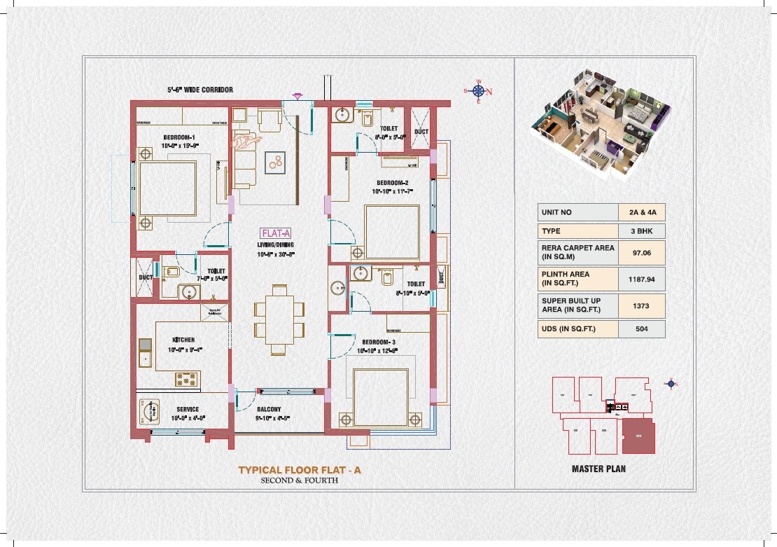 Floor plan of 3 BHK 1373 Sq. Ft. Apartment in Hirani Aura, Chennai