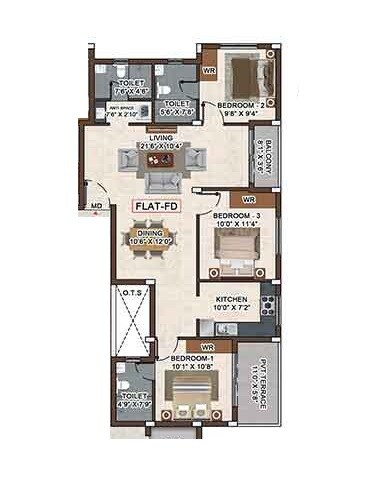 Floor plan of 3 BHK 1261 Sq. Ft. Apartment in ICIPL Swarn, Chennai