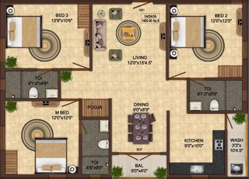Floor plan of 3 BHK 1400 Sq. Ft. Apartment in India Adithya, Chennai