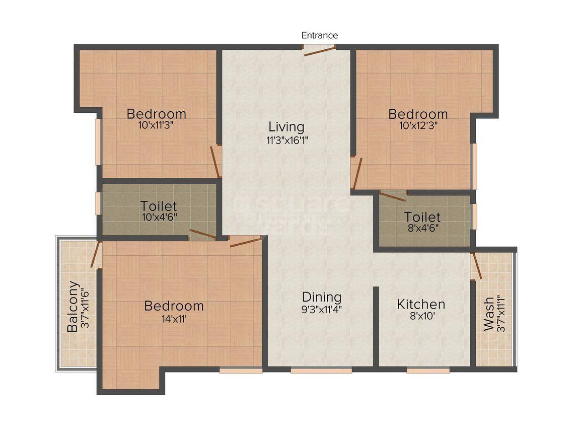 Floor plan of 3 BHK 1293 Sq. Ft. Apartment in India Ashraya, Chennai