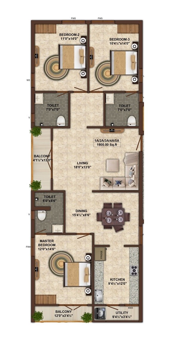 Floor plan of 3 BHK 1800 Sq. Ft. Apartment in India Dwaraka Darshan, Chennai