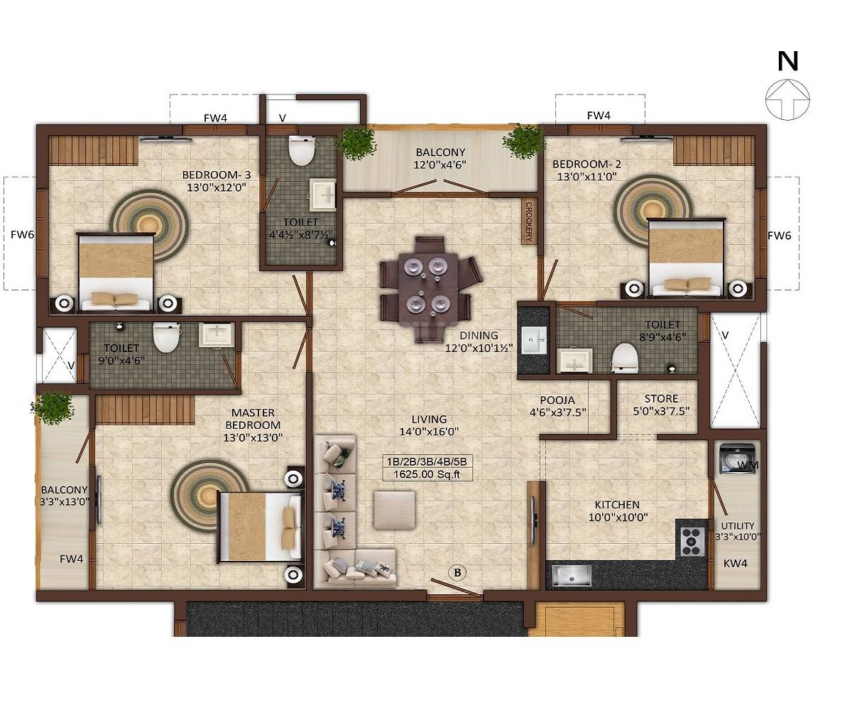 3 BHK 1625 Sq. Ft. Apartment in India Dwaraka Enclave