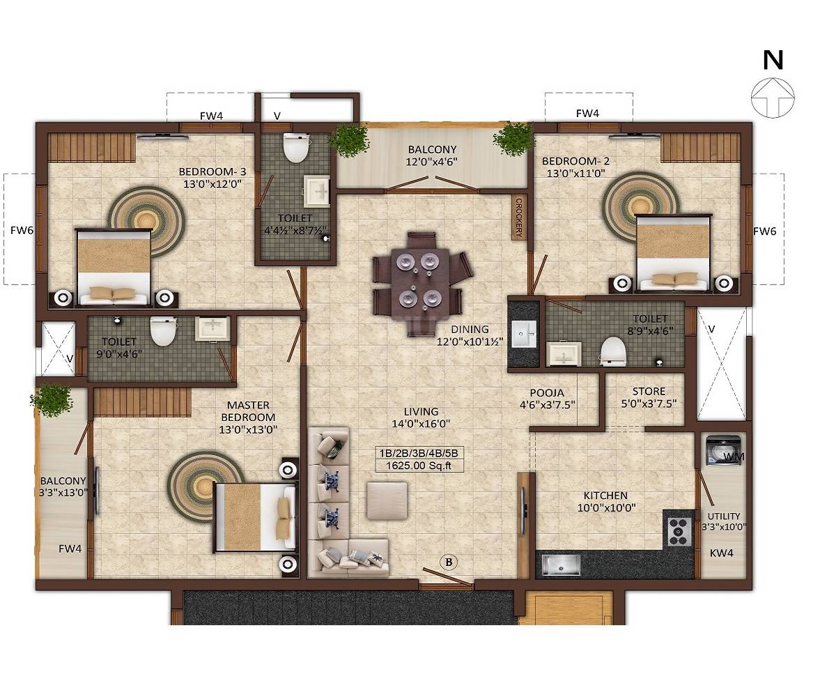 Floor plan of 3 BHK 1625 Sq. Ft. Apartment in India Dwaraka Enclave, Chennai