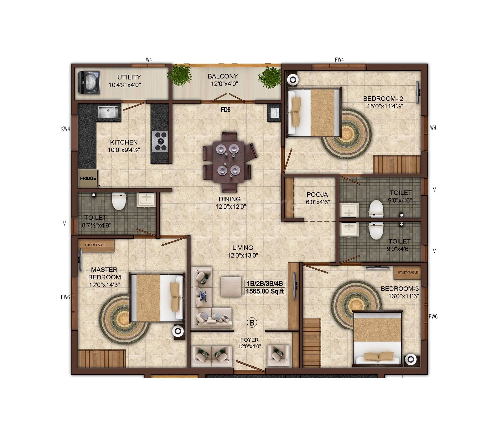 Floor plan of 3 BHK 1565 Sq. Ft. Apartment in India Kurinji Bliss, Chennai