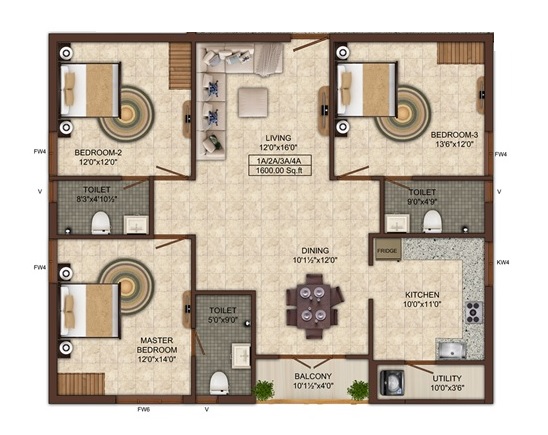 3 BHK 1600 Sq. Ft. Apartment in India Kurinji Elite