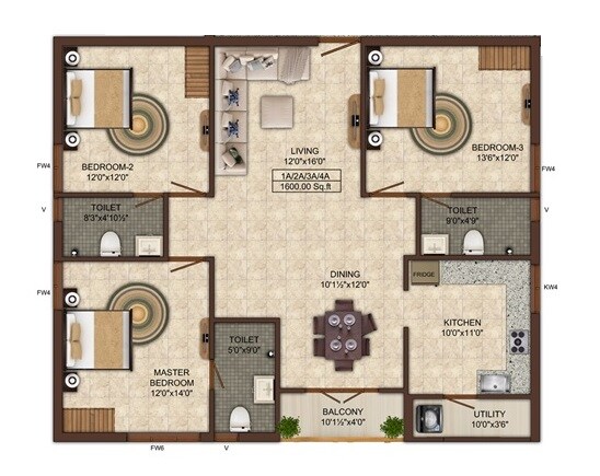 Floor plan of 3 BHK 1600 Sq. Ft. Apartment in India Kurinji Elite, Chennai