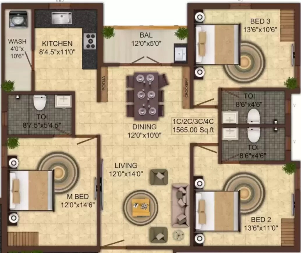 Floor plan of 3 BHK 1565 Sq. Ft. Apartment in India Kurinji Enclave, Chennai