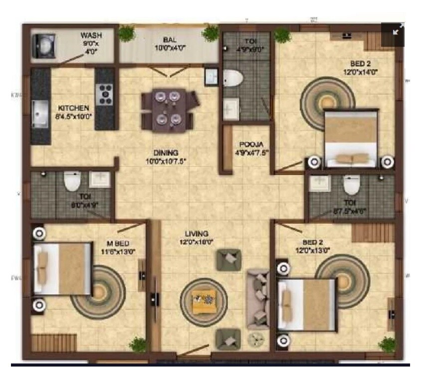 Floor plan of 3 BHK 1500 Sq. Ft. Apartment in India Kurinji Garden, Chennai