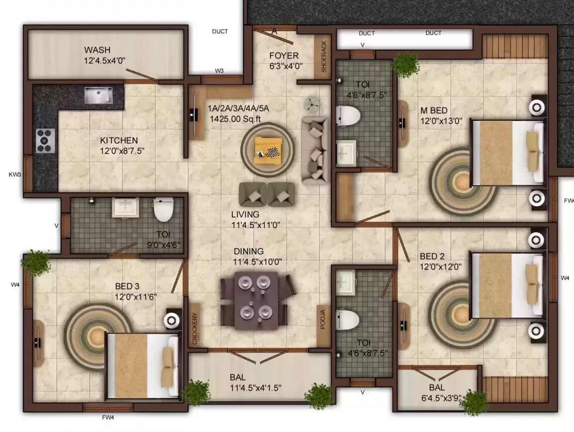 Floor plan of 3 BHK 1425 Sq. Ft. Apartment in India Lakshmi Vrindavan, Chennai
