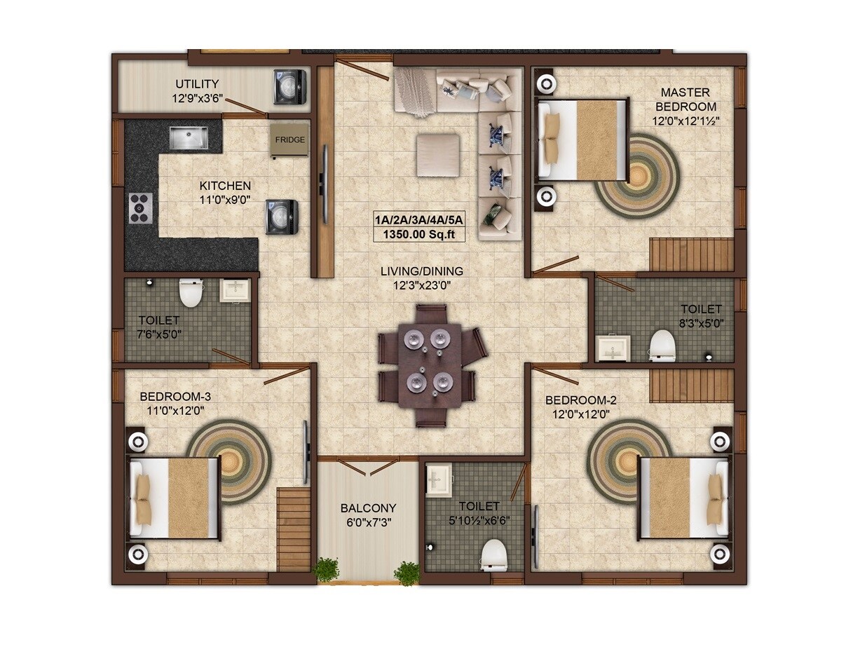 Floor plan of 3 BHK 1350 Sq. Ft. Apartment in India Magizhchi Tharangini, Chennai