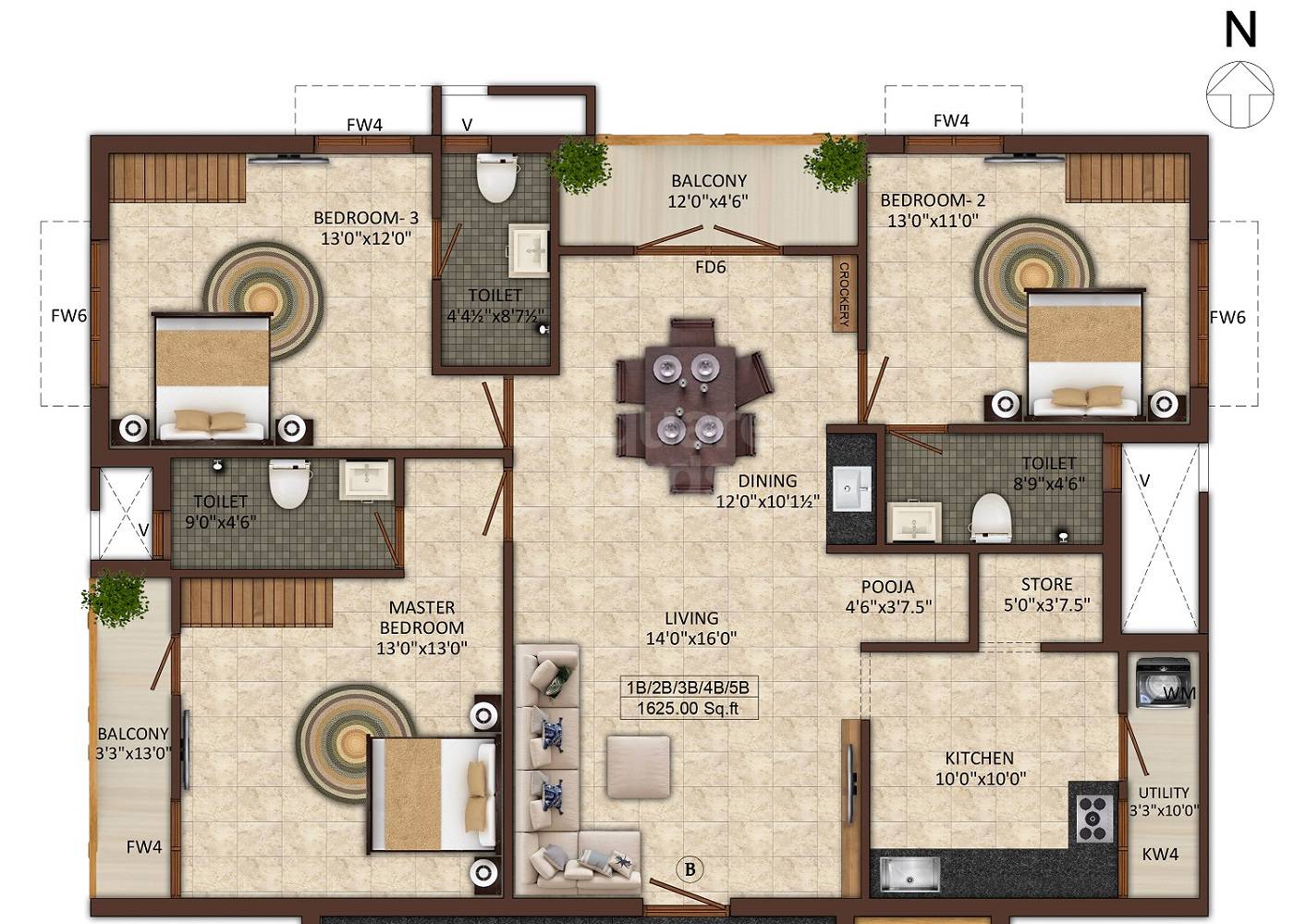 Floor plan of 3 BHK 1625 Sq. Ft. Apartment in India Mayuri Mantra, Chennai