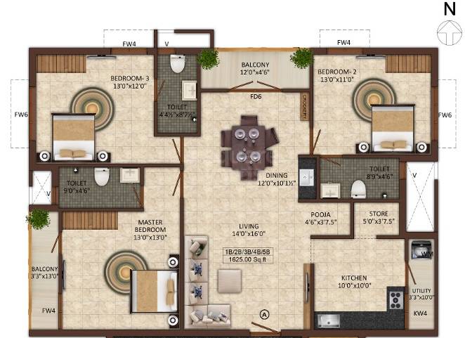 Floor plan of 3 BHK 1625 Sq. Ft. Apartment in India Mayuri Maple, Chennai