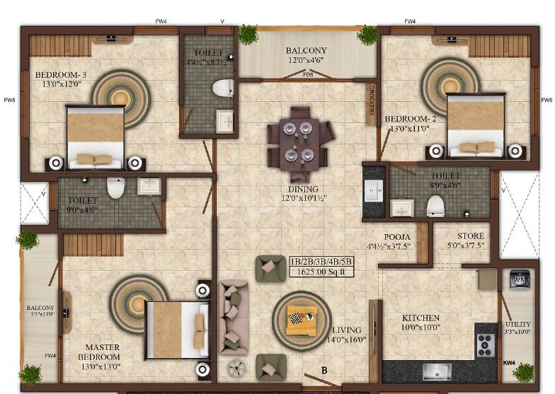 Floor plan of 3 BHK 1625 Sq. Ft. Apartment in India Mayuri Marvel, Chennai