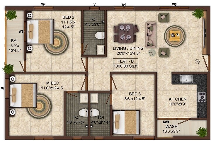 Floor plan of 3 BHK 1300 Sq. Ft. Apartment in India Sai Anbagam, Chennai
