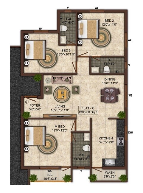 Floor plan of 3 BHK 1305 Sq. Ft. Apartment in India Sai Anbagam, Chennai