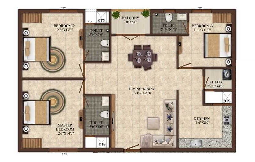 Floor plan of 3 BHK 1680 Sq. Ft. Apartment in India Temple Residency, Chennai