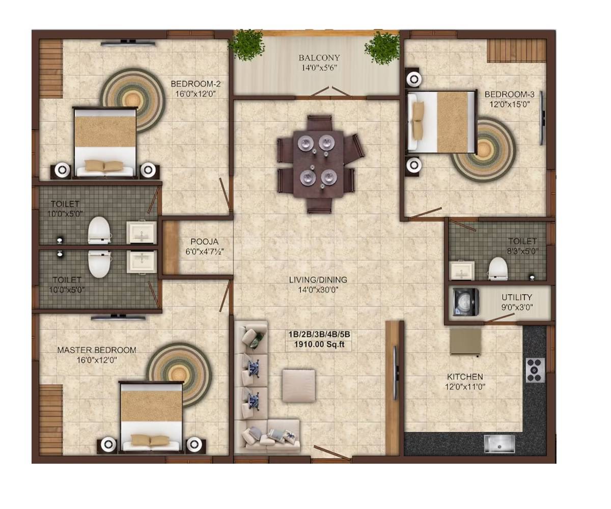 Floor plan of 3 BHK 1910 Sq. Ft. Apartment in India Temple View Tower, Chennai