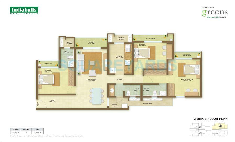 Floor plan of 3 BHK 1707 Sq. Ft. Apartment in Indiabulls Greens Chennai, Chennai