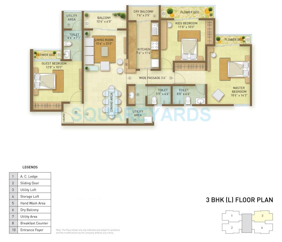 Floor plan of 3 BHK 1787 Sq. Ft. Apartment in Indiabulls Greens Chennai, Chennai