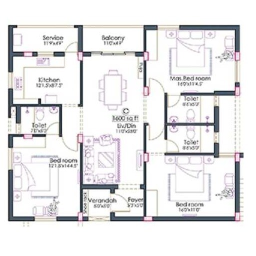 Floor plan of 3 BHK 1600 Sq. Ft. Apartment in Indu Chand, Chennai