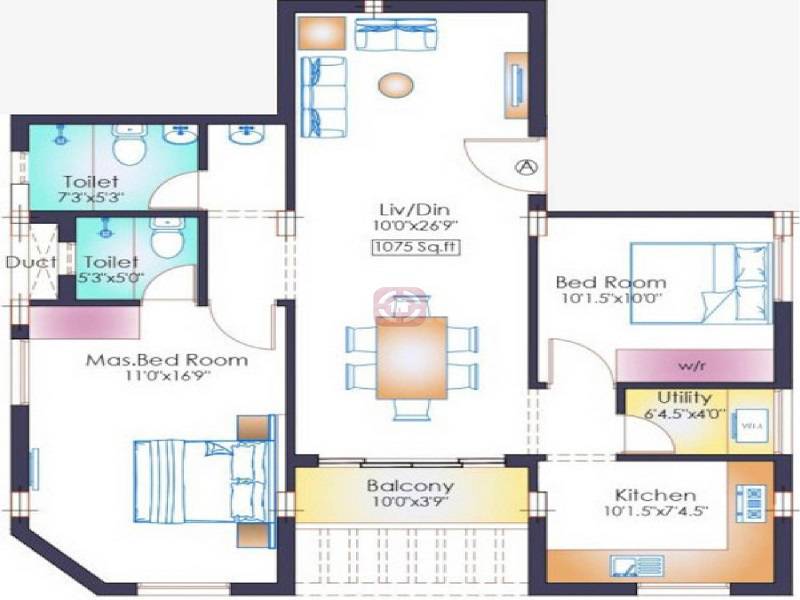Floor plan of 2 BHK 1075 Sq. Ft. Apartment in Indu Krishna, Chennai