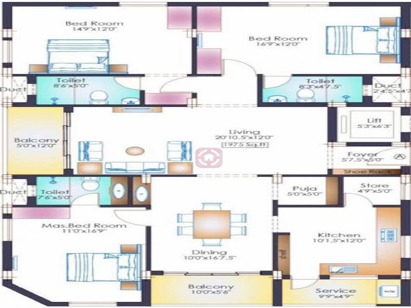 Floor plan of 3 BHK 1975 Sq. Ft. Apartment in Indu Krishna, Chennai