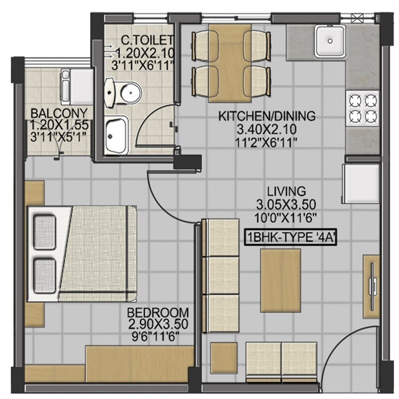 Floor plan of 1 BHK 504 Sq. Ft. Apartment in Isha Anandham, Chennai