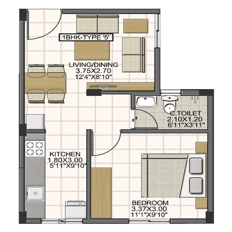Floor plan of 1 BHK 522 Sq. Ft. Apartment in Isha Anandham, Chennai