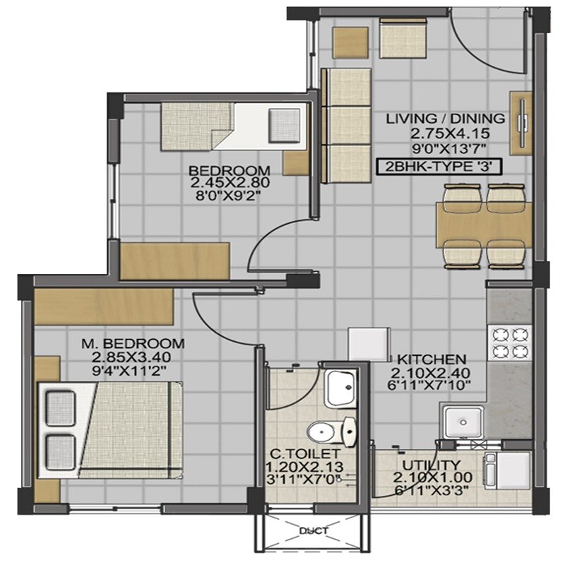 Floor plan of 2 BHK 572 Sq. Ft. Apartment in Isha Anandham, Chennai