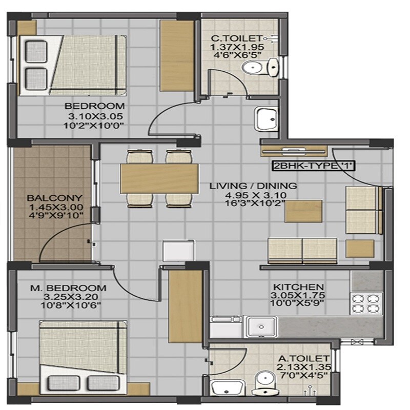Floor plan of 2 BHK 821 Sq. Ft. Apartment in Isha Anandham, Chennai