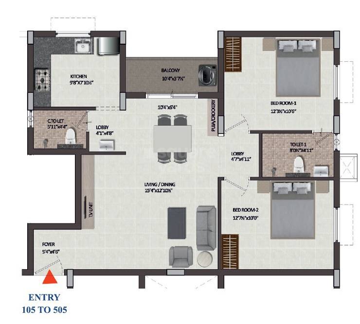 Floor plan of 2 BHK 1103 Sq. Ft. Apartment in Isha Pokkisham, Chennai