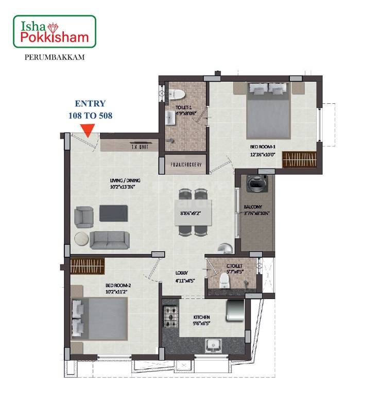Floor plan of 2 BHK 942 Sq. Ft. Apartment in Isha Pokkisham, Chennai