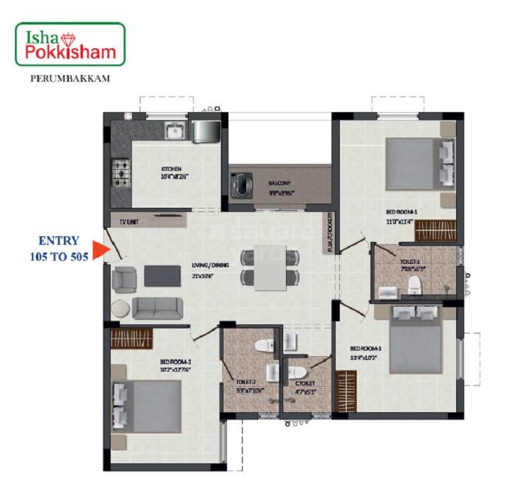 Floor plan of 3 BHK 1222 Sq. Ft. Apartment in Isha Pokkisham, Chennai