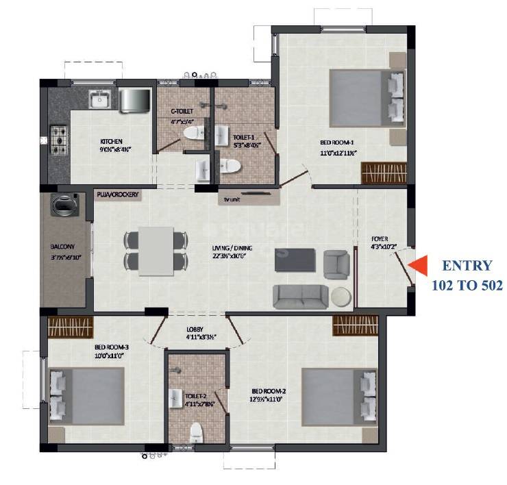 Floor plan of 3 BHK 1328 Sq. Ft. Apartment in Isha Pokkisham, Chennai