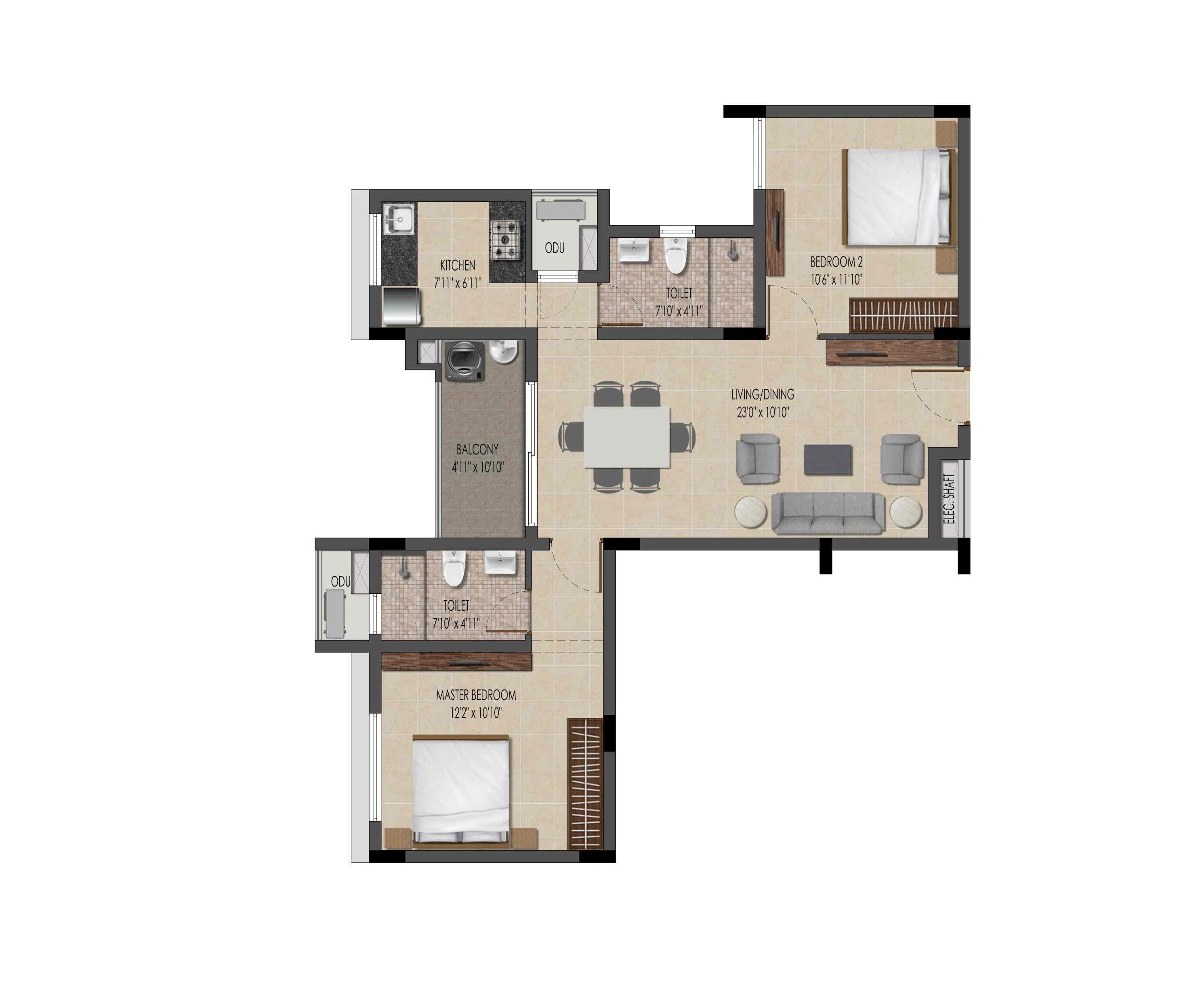 Floor plan of 2 BHK 1019 Sq. Ft. Apartment in Isha River Front, Chennai