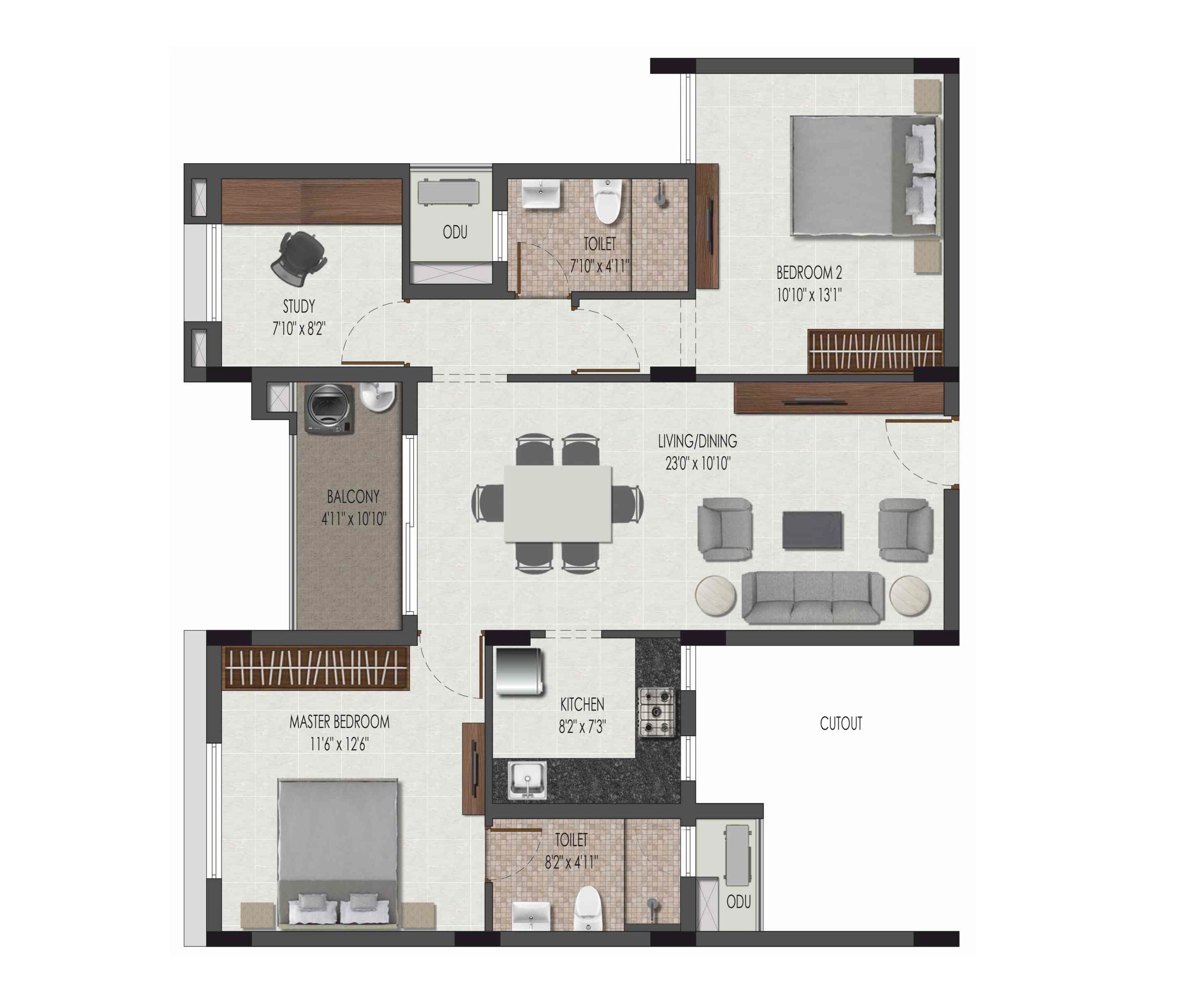 Floor plan of 2 BHK 1185 Sq. Ft. Apartment in Isha River Front, Chennai