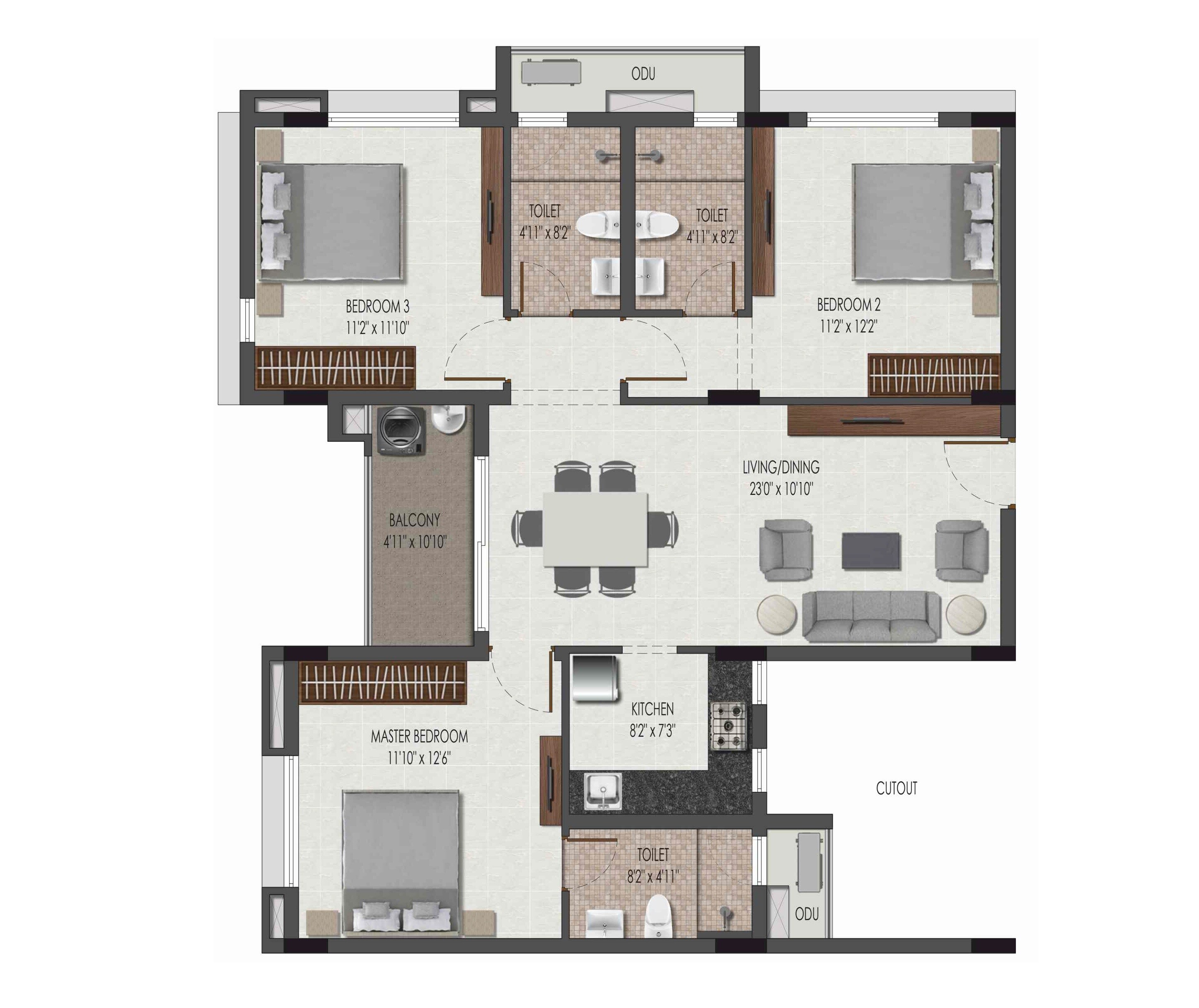Floor plan of 3 BHK 1362 Sq. Ft. Apartment in Isha River Front, Chennai