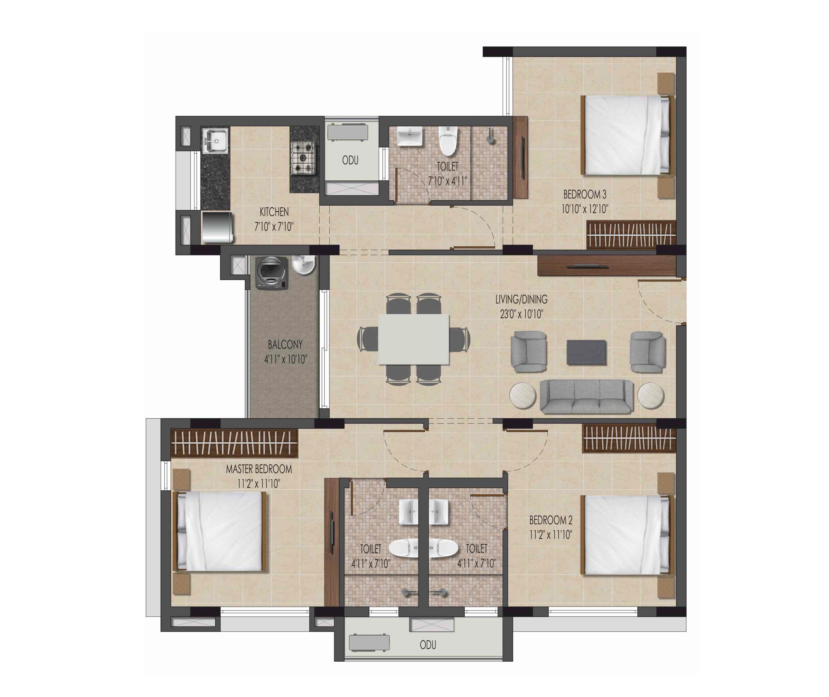 Floor plan of 3 BHK 1401 Sq. Ft. Apartment in Isha River Front, Chennai