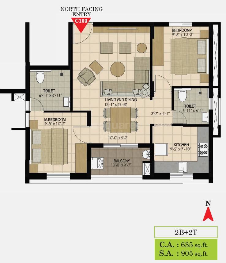 2 BHK 905 Sq. Ft. Apartment