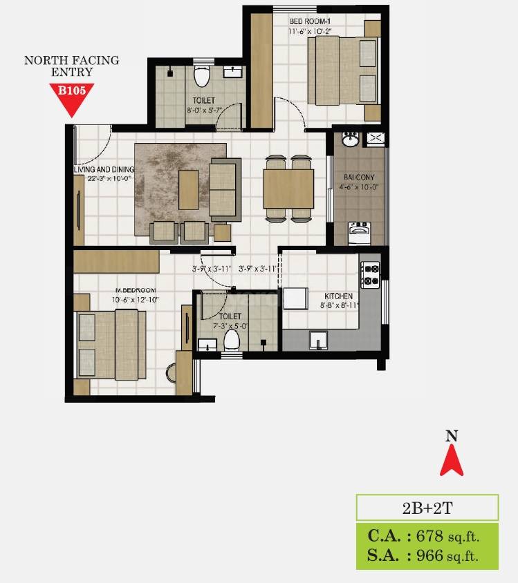 Floor plan of 2 BHK 966 Sq. Ft. Apartment in Isha Shubham, Chennai