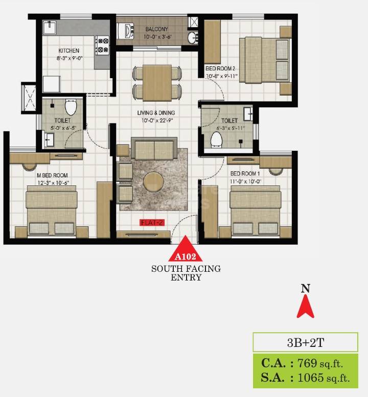 Floor plan of 3 BHK 1065 Sq. Ft. Apartment in Isha Shubham, Chennai