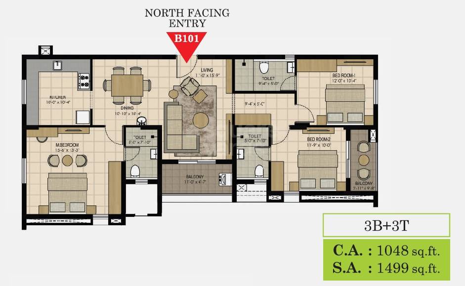 Floor plan of 3 BHK 1499 Sq. Ft. Apartment in Isha Shubham, Chennai
