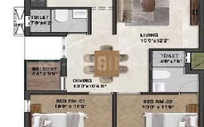 Floor plan of 2 BHK 870 Sq. Ft. Apartment in Iyra Aadya The Urban Point, Chennai
